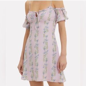 Intermix Silk Purple Floral Patterned Off-Shoulder Mini Dress- Size 2